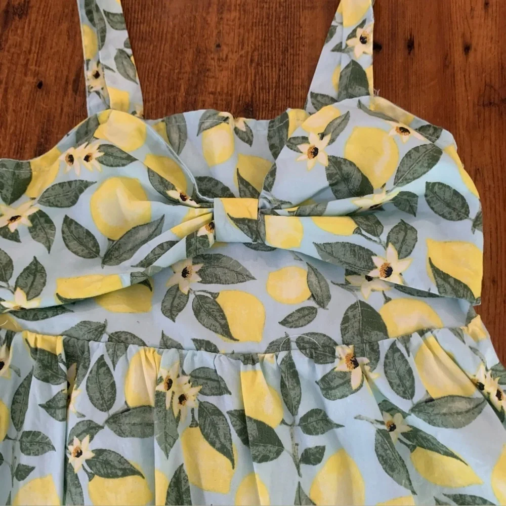btween Girls Lemon Print Bow Bodice Smocked Back Cotton Babydoll Dress Sz 6